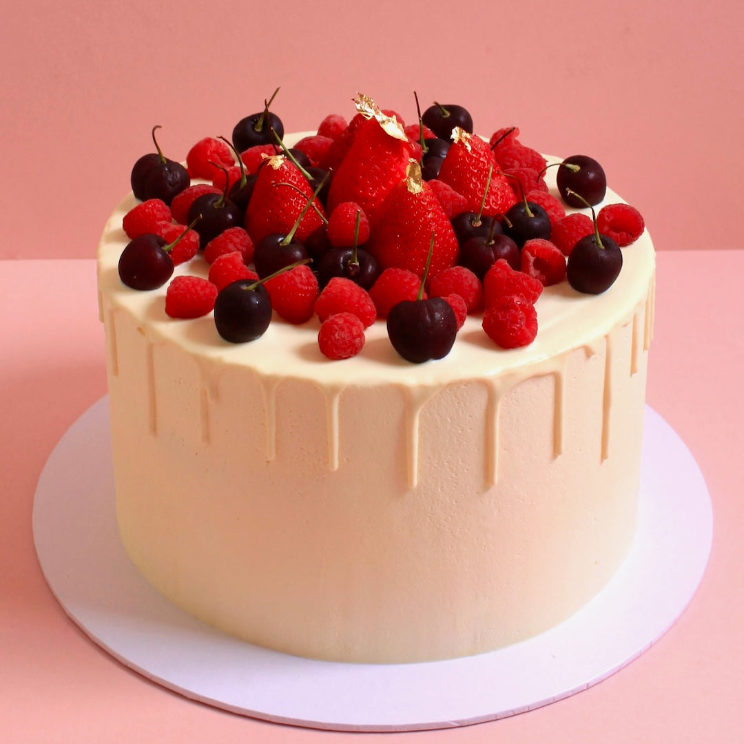 FRESH FRUIT & WHITE CHOCOLATE DRIP CAKE